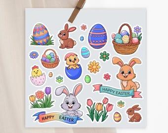 Folha de adesivos - Feliz Páscoa, Adesivos de Feliz Páscoa, Coelhinho da Páscoa, Adesivos de Planejador, Adesivos de Scrapbook, Adesivos de Páscoa, Adesivos de Diário