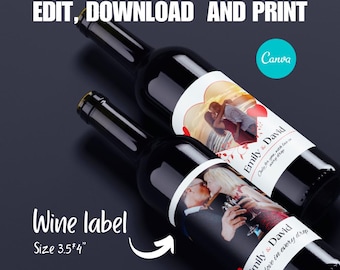 Editable Wine Romantic Bottle Labels | Photo Wine Stickers| Wedding Gift| Romantic Bottle Wrap | Gift for Couples| Bridal Shower Gift | VD09