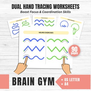 May include: Worksheets for dual hand tracing with the text "DUAL HAND TRACING WORKSHEETS Boost Focus & Coordination Skills". The worksheets include various line patterns and shapes for neuro exercises. The image also includes the text "BRAIN GYM", "US LETTER", and "A4".