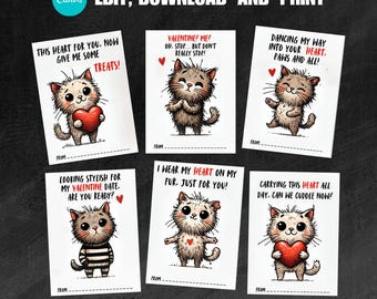 Printable Cat Valentine Cards | Editable Classroom Valentines (Digital Download)