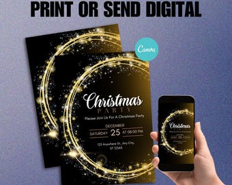 Elegante Weihnachtsfeier-Einladung | Black & Gold Urlaub einladen | Druckbare digitale Datei | Moderne Weihnachtsvorlage | Canva Bearbeitbar | KN009