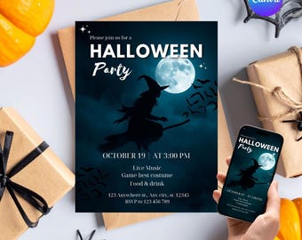 Halloween Invitation | Printable Costumes & Cocktails Party Invite| Mystical Witch | Canva Editable Animated Invite| Instant Download | H012