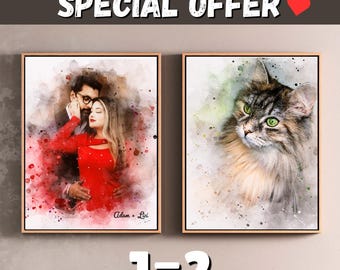Custom Digital Portrait Duo: Watercolor & More - Unique Art Styles from Your Photos| Buy 1, Get 2| Personalized Gift| Valentine’s Day Gift