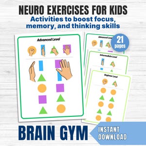 Könnte beinhalten: Ein Stapel Lernkarten für Kinder mit dem Text "NEURO EXERCISES FOR KIDS" und "BRAIN GYM". Die Karten zeigen farbige Formen und Handgesten, die darauf abzielen, Konzentration, Gedächtnis und Denkfähigkeiten zu fördern. Das Set umfasst 21 Seiten und ist als Sofort-Download erhältlich.