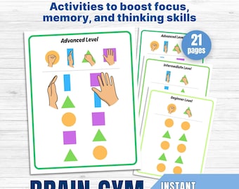 Actividades de gimnasia cerebral para niños / 21 páginas de ejercicios neurológicos imprimibles / Juegos de pensamiento para mejorar la memoria / Ejercicios de desarrollo cerebral bilateral (PDF)