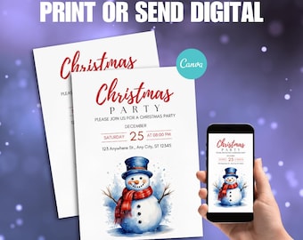 Snowman Christmas Party Invitation | Printable Holiday Invite | Winter Celebration Digital Download | Customizable Template | CN011