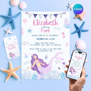 Editable Mermaid Birthday Invitation| Mermaid Bash Under the Sea Bday Invite Girl| Party Pastel Any Age| Sea Ocean Theme| Thank You Tag Free