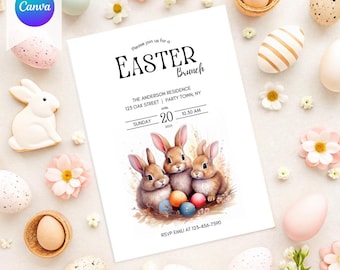 Editable Bunny Easter Brunch Invitation | Easter Egg Hunt Invite | Rabbit Easter Party Brunch Invitation | Brunch Easter Invite | E02