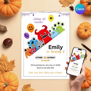 Monster Birthday Template Invite| Editable Spooktacular Costume Party Halloween Birthday Invitation|Cute Kid Halloween Mobile Invite| BPH012