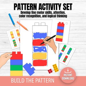 May include: A pattern activity set with the text "PATTERN ACTIVITY SET" and "BUILD THE PATTERN". The image shows a hand drawing on a pattern, along with colored pencils and building blocks. The set is designed to develop fine motor skills, attention, color recognition, and logical thinking.