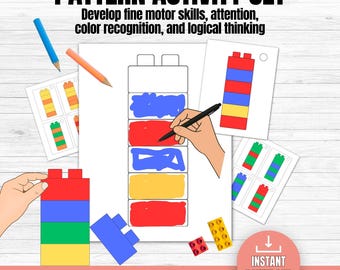 Brick Pattern Cards for Kids – Printable Build & Colour Worksheets, Fine Motor Montessori Activity, Preschool Busy Bag, Educational Game