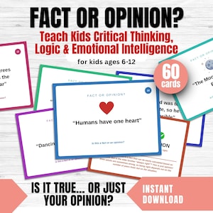 Può includere: Un set di 60 carte educative intitolato FACT OR OPINION? progettato per insegnare il pensiero critico, la logica e l'intelligenza emotiva ai bambini dai 6 ai 12 anni. Le carte presentano bordi colorati, testi e illustrazioni come un cuore.