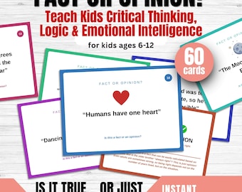 Fact or Opinion Cards for Kids | 60 Printable Critical Thinking Cards | Logic, Reasoning & SEL Game | Homeschool PDF Instant Download