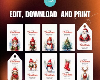 Bearbeitbare Weihnachtsgeschenkanhänger Bündel | Druckbare Feiertags Tags für Canva | Sofortiger Download von Etiketten für Geschenke | Set mit 12 Designs | CNT02