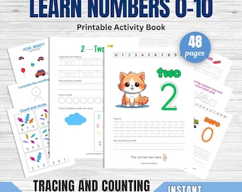 Learn Numbers 0-10 Printable Workbook| Tracing & Counting Activity Book for Kids| Preschool Math Practice| 48 Pages PDF Download| Homeschool