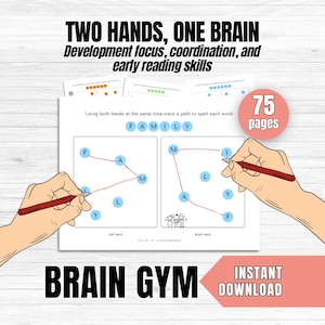 Pode incluir: Uma folha branca com as palavras "TWO HANDS, ONE BRAIN" e "BRAIN GYM" em preto. A folha tem dois diagramas com a palavra "FAMILY" escrita. O texto "75 páginas" está em um círculo rosa. As palavras "INSTANT DOWNLOAD" estão em uma seta rosa.