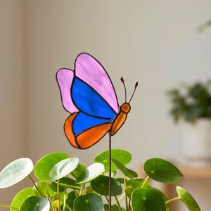 May include: A colorful butterfly garden stake with a stained glass design. The butterfly has pink, blue, and orange wings, with a dark metal stem. The stake is placed in a green leafy plant.