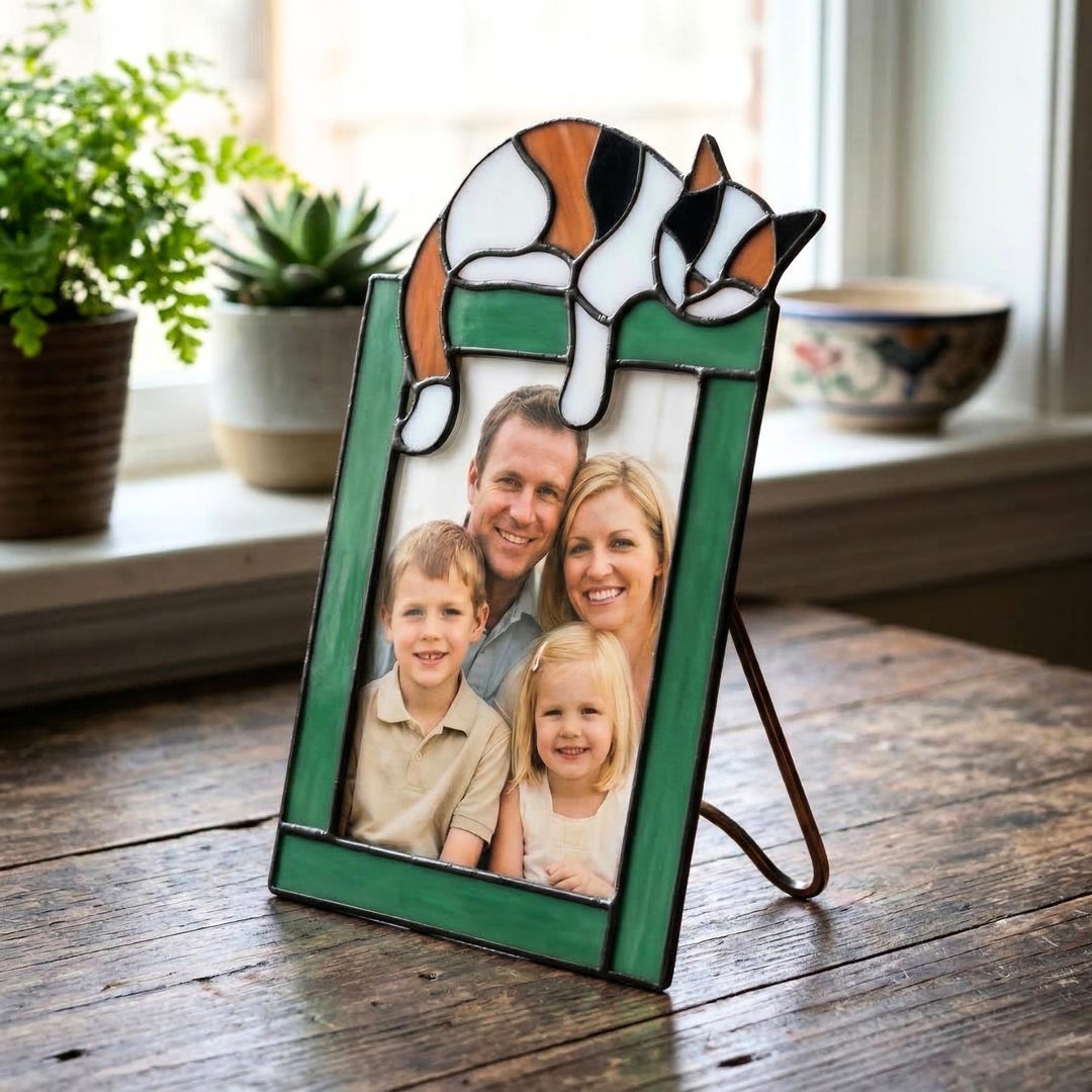 Cat Stained Glass Picture Frame Pattern, Suncatcher Template, Cat Lover ...