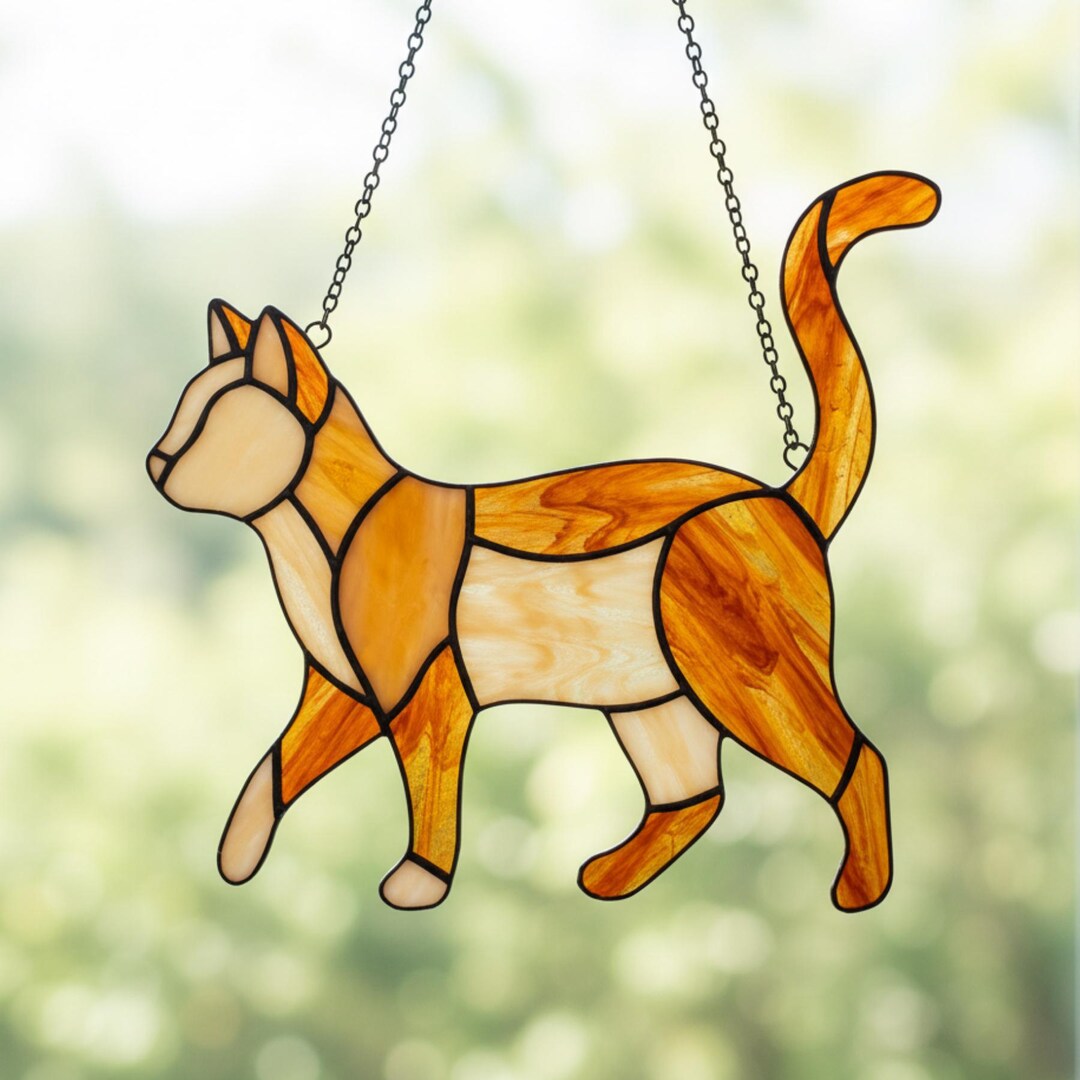 Cat Stained Glass Pattern | Walking Cat Animal Suncatcher Template PDF ...