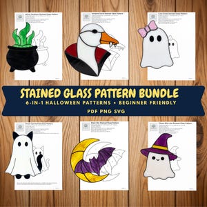 May include: A digital stained glass pattern bundle featuring six Halloween designs: a green-flamed cauldron, a vampire duck, a ghost with a pink bow, a ghost cat, a moon with a bat, and a ghost wearing a purple witch hat, labelled Stained Glass Pattern Bundle.