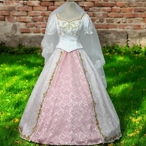 Rapunzel Wedding Dress, Tangled Princess Ball Gown, Pink and White Fairy Tale Bridal Costume, Royal Cosplay Dress, Gold Embroidery