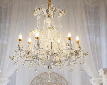 White Ceramic Rose Pendant Chandelier Ceiling Light | Romantic Girls Room Decor | Wedding & Party Centerpiece