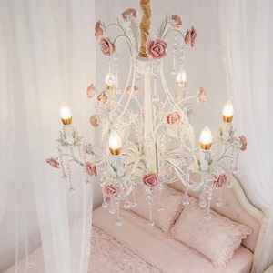 Pink Ceramic Rose Pendant Chandelier Ceiling Light | Romantic Girls Room Decor | Wedding & Party Centerpiece