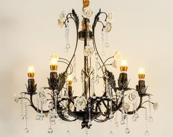 Zwarte rozenkristallen kroonluchter, vintage Franse bloemenhanglamp