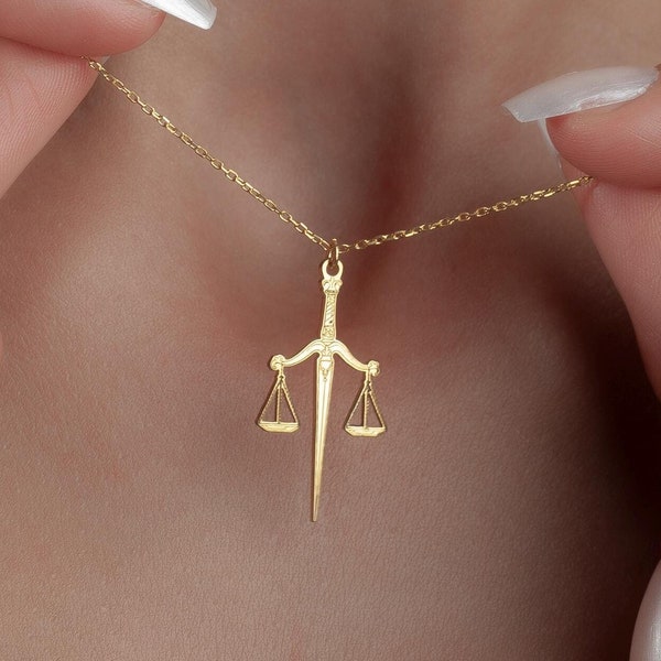 14K Gold Plated Dagger of Justice Libra Zodiac, Handcrafted Jewelry, Birthday Gift, Scale Of Justice Necklace, Unique Piece, Christmas Gifts