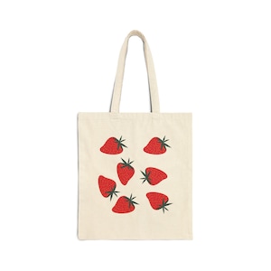 Strawberry Print Cotton Canvas Tote Bag, Eco-Friendly Shopper, Grocery Bag, Cute Gift for Fruit Lovers, Summer Vibes