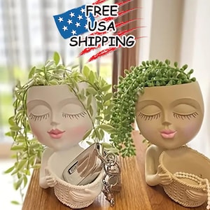 Head Face Planter, Head Flower Pot, Hanging Garden Decor, Mask Decoration, Outdoor Art, Modern Indoor, Living Room, Deck Porch Balcony Vase