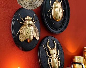 Gold Wall Beetles, Wall Decor, Wall Art Golden Antlers Beetles Wall Hanging – Unique Insect Wall Art Decoration bug wall ornament insects