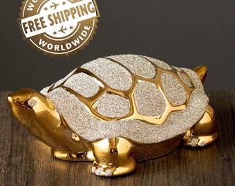 Gold Turtle Statue Turtle ornament Home Decor, Tortoise sculpture turtle lovers gift Beaded turtle art figurine