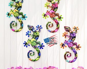 Colorful Metal Gecko Wall Decor – Iron Art Lizard Sculpture, Hanging Ornament for Garden, Yard, Home & Office Gecko Wall decor Outdoor Decor