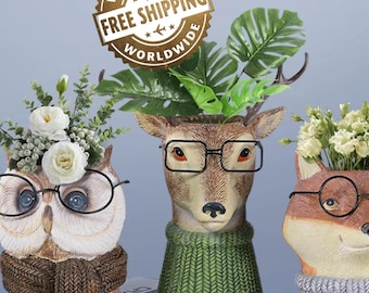 Resin Animal Planter Vase, Owl Deer Flower Pot, Decorative Dry Vase, Garden Balcony Decor, Indoor Plant Holder, Rustic Home Accent