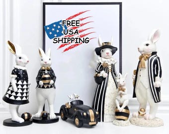 Rustic Bunny Rabbit Figurine – Cute American Country Style Sculpture, Home Décor for Bedroom, Living Room, Wedding Accent, Rabbit Statue