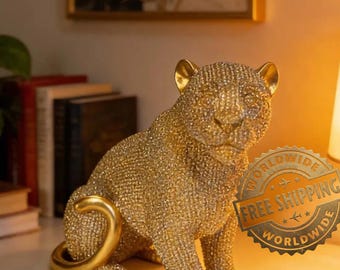 Golden Leopard Statue - Sitting Cheetah Figurine - Modern Animal Sculpture for Executive Desk, Entrance Hall & Hotel Decor