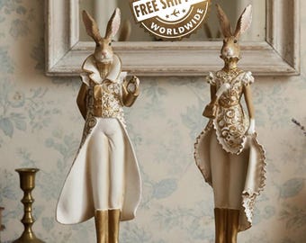 Easter Victorian Rabbit Figurines, Whimsical Bunny Rabbit Statues, Spring Home Decor, Bunny in suit Shelf Accent