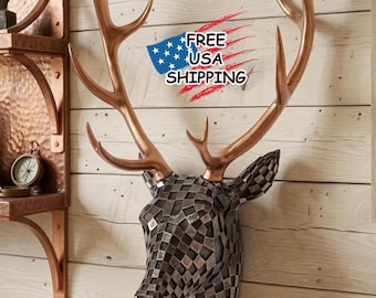 Stunning Checkered Deer Head Figurine Rustic Deer Wall Decor, Wildlife Resin Wall Hanging Art, Home Accents, Unique Animal Sculpture