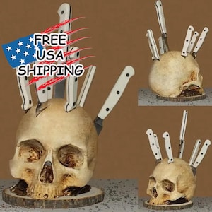 Horror Skull Knife Holder - Spooky Kitchen Storage, Halloween Decor, Countertop Knife Block, Creepy Gift for Horror Fans