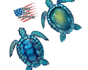 Metal Turquoise Sea Turtle Wall Art Set – Indoor & Outdoor Turtle Wall Decor, Garden, Bathroom, Pool Yard Decoration, Tortoise Wall Decor