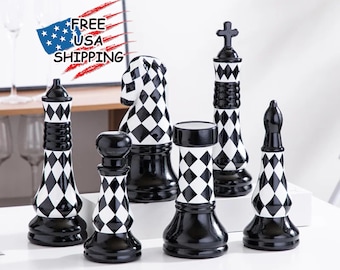 Set of 6 Black & White Chess piece Checkered Statue Large Modern Sculpture Home Office Decor Figures Object Interior Accessories Art Gift
