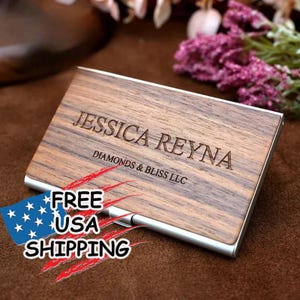 Porte-cartes de visite personnalisé en bois de noyer noir | Logo personnalisé gravé au laser | Porte-cartes en bois pour cadeaux, événements et entreprises