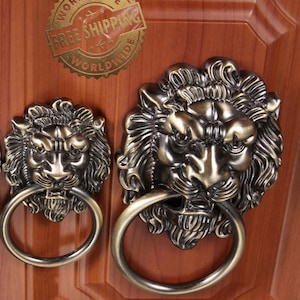 May include: Two bronze lion head door knockers with ring handles mounted on a wooden door. The lion heads have detailed manes and facial features. The door is a warm brown color.