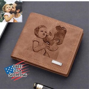 Personalized Photo Leather Wallet for Men Best Dad Ever Gifts ,Picture Wallet with Initial Name, Anniversary and Father's Day Gift