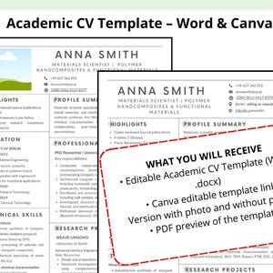 Mall för akademiskt CV för doktorand och postdoktor | CV för materialvetenskap | Redigerbart Word-CV, Canva-CV