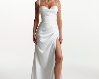 Elfenbein-Korsett-Hochzeitskleid - Maxi Abendkleid aus Satin