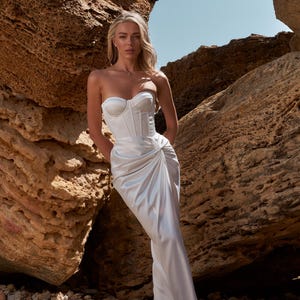White Satin Corset Wedding Dress - High Slit Pearl Skirt