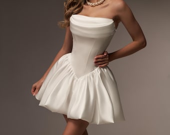 Short Satin Corset Wedding Dress - Off-Shoulder Mini Bridal Gown