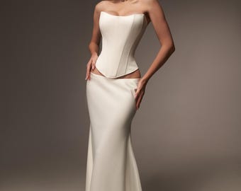 Ivory Satin Two Piece Wedding Corset Dress - Bridal Corset Bustier and Maxi Skirt - Low-rise Maxi Skirt and Elegant Straight-Across Corset